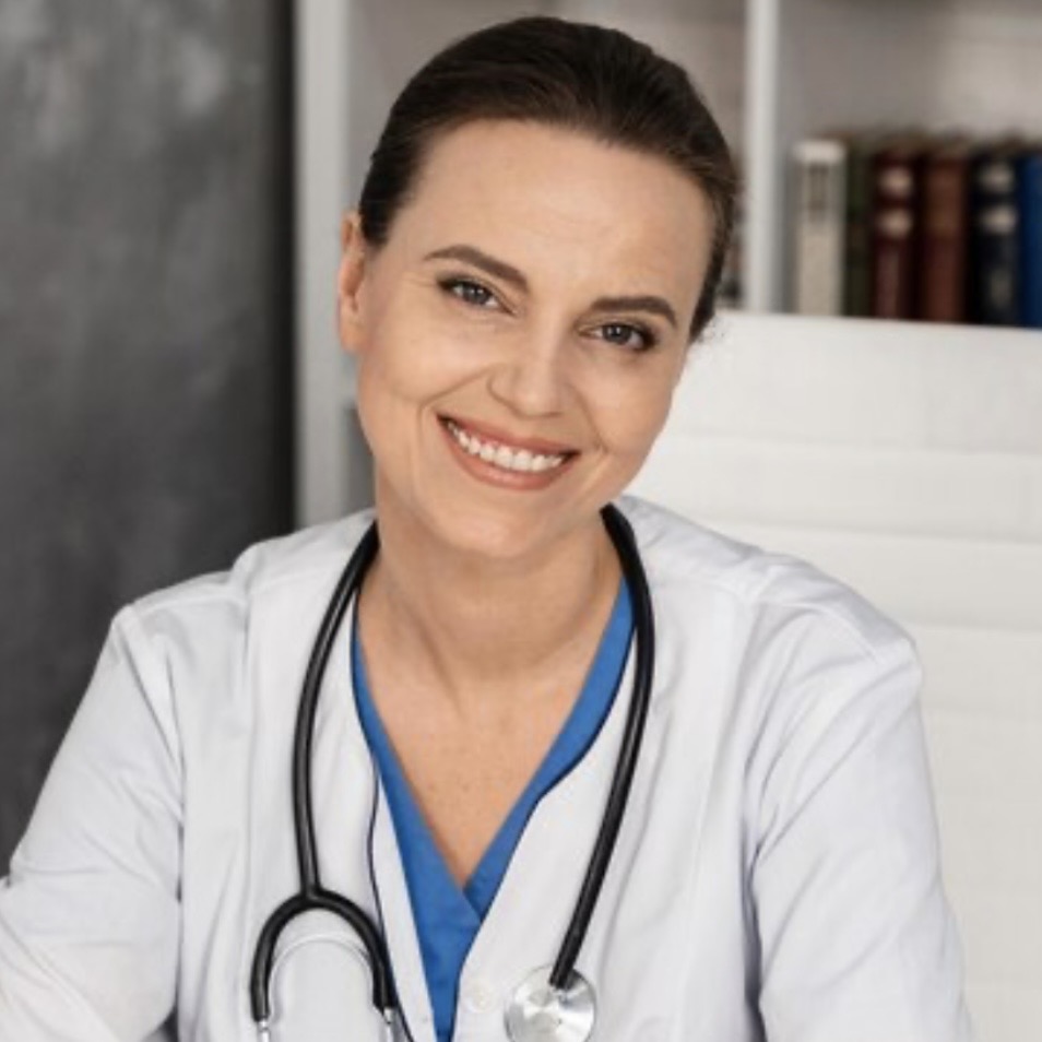 Foto da Dra. Helena Duarte, médica da área de Sono, sorrindo em ambiente clínico