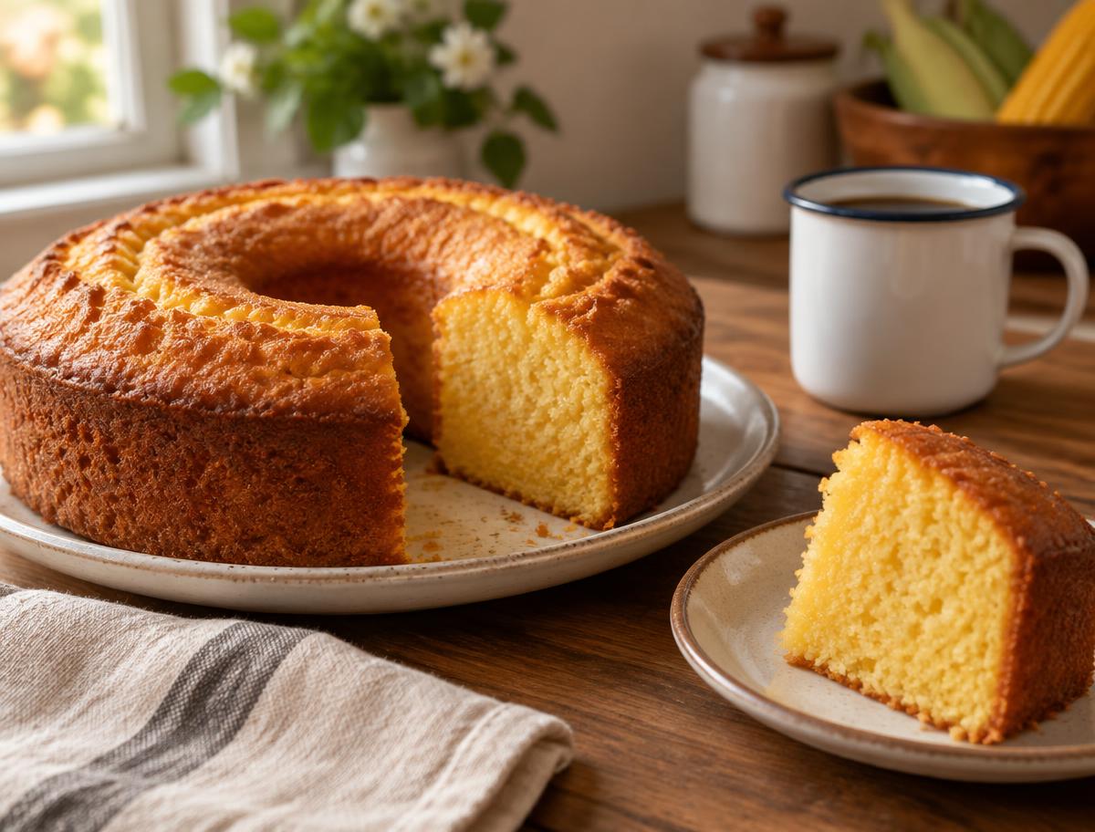 Bolo de fubá inteiro com uma fatia cortada, sobre mesa de madeira com caneca de café