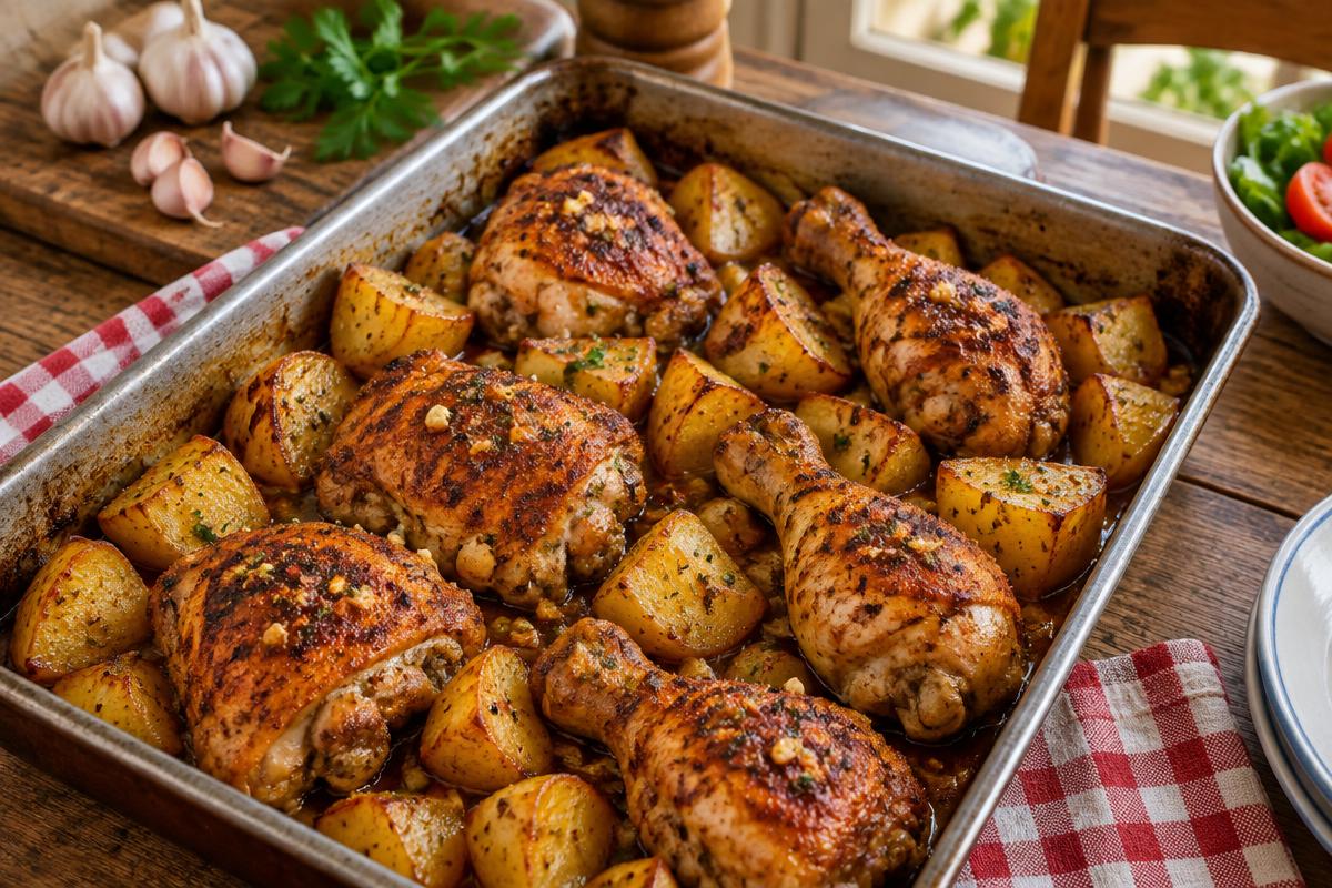 Assadeira com coxas e sobrecoxas de frango assadas junto com batatas douradas